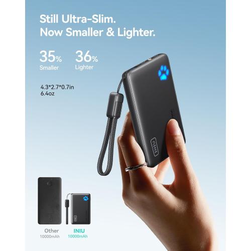 Black INIU Portable Charger, Ultra Slim 10000mAh 45W PD Power Bank, USB C in&Out Fast Charging Battery Pack, Travel Essential Phone Powerbank Compatible with iPhone 17 16 15 Samsung S22 S21 Google iPad etc