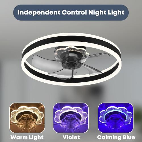 Ceiling Fan with Light, Upgraded 20‘’ Low Profile Fan, Flush Mount Ceiling Fan, 6 Speeds, Dimmable LED, App & Remote Control, Quiet DC Motor, for Bedroom, Living Room, F105 Black-D