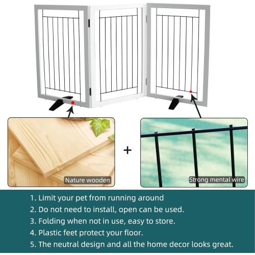ZJSF Freestanding Dog Gate Indoor, Foldable Dog Fence for Doorways,Hallways or Stairs, Sturdy Wood Extra Wide Pet Gate with Support Feet,White,32 Height-3 Panels