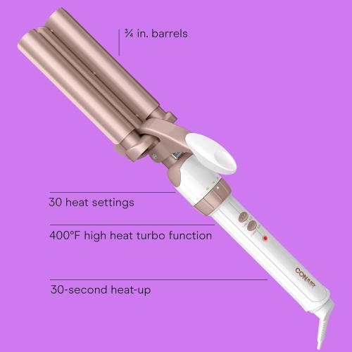 Conair Double Ceramic 3 Barrel Curling Iron, Hair Waver, Create Beachy Waves, Long-Lasting Natural Tight Waves for all Hair Lengths, White / Rose Gold