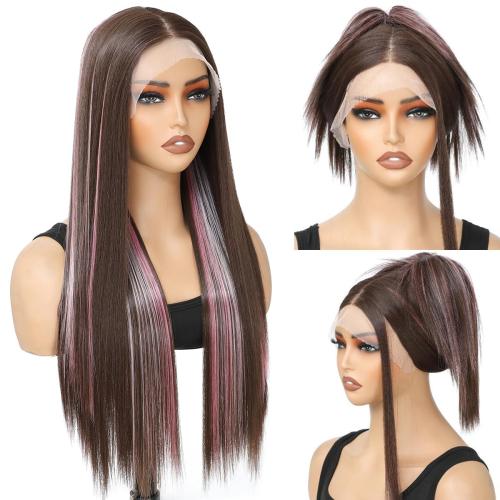 Synthetic Lace Front Wig 13X4X1 Inch Lace Front Wig 24 Inch Cheap Straight Lace Front Wigs Synthetic Wigs For Black Women Pre-Plucked Cheap Wigs Dark Brown/Pink