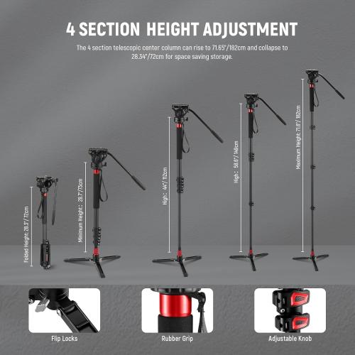 NEEWER 71.6 Pro Camera Monopod with Feet, Carbon Fiber Telescopic Video Monopod with QR Plate Compatible with DJI RS Gimbals, Removable Base for Camera Camcorder, Max Load 13.2lb/6Kg, TP71