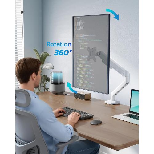 ARES WING Heavy Duty Single Monitor Arm - Fully Adjustable Monitor Mount for 17-40 Ultrawide Screens up to 26.4 lbs with Clamp/Grommet Desk Mount, 75/100 Vesa Mount, White