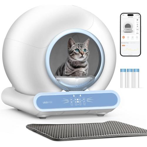 Self Cleaning Litter Box, Integrated Safety Automatic Cat Litter Box Self Cleaning 65L 9L for Multiple Cats, App Control, Odor Removal, Includes Mat & Liner (3 Rolls) - Blue
