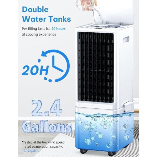 Windowless Air Conditioner w/4 Modes& 3 Speeds, Waterless Alert, 2.4-Gal Tank for 20H Cooling, 12H Timer, 2 Ice Pack,Remote, 70° Auto Swing Evaporative Air Cooler, Portable AC Unit for Bedroom