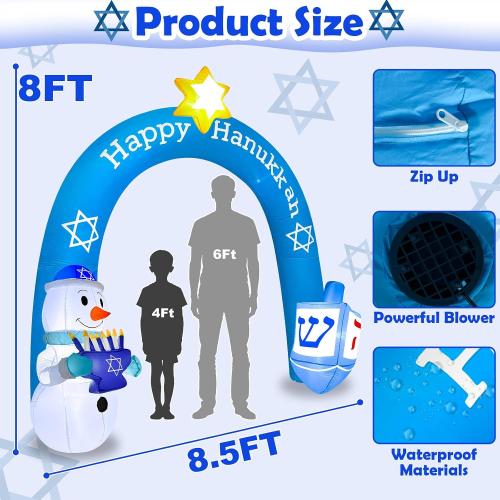 8 FT Hanukkah Inflatable Outdoor Decorations-Giant Chanukah Blow Up Inflatable Arch with Snowmen & Dreidel-Built in 5 LED Lights,Hanukkah Outdoor Decorations for Holiday Lawn Yard Garden Decor