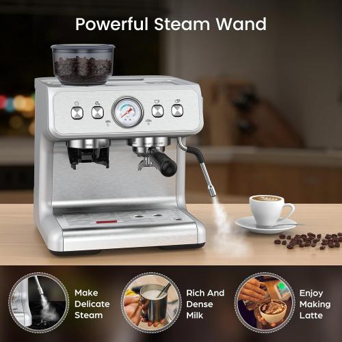 Espresso Machine with Grinder, Stainless Steel 20 Bar Semi-Automatic Expresso Coffee Machines, Featuring a Milk Frother, Steam Wand, Removable Water Tank for Latte, Macchiato, Cappuccino