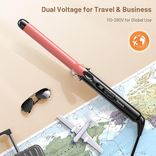 Dual Voltage Curling Iron 1 Inch Long Barrel–Ceramic Fast-Heating Hair Styling Tool for Short & Long Hair, Travel Curling Wand with 12 Levels Smart Temperature Control and Safety Glove