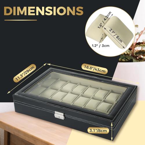 NATGAI Watch Box 24 Slots, Elegant Watch Display Case Glass Top (Beige) | PU Leather Watch Storage Box with Removable Cushion, Lockable Watch Holder Organizer for Men & Women