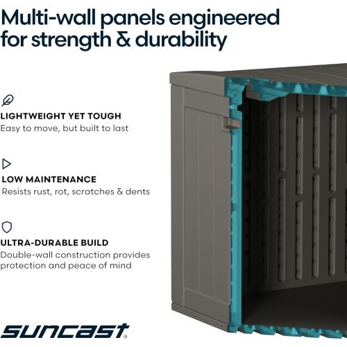 Suncast Extra Large Deck Box - 124 Gallon Resin Outdoor Storage Box with Lockable Lid for Outdoor Cushion Storage, & Garden Gear, Stoney Grey Wicker Bin for Patio, Porch, Pool, & Yard
