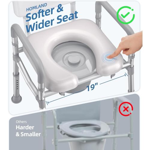 Bedside Commode with Padded Seat and Backrest, Aluminum Commode Toilet with Bucket, Easy Cleaning Portable Toilet for Adults and Seniors, 350 lb Capacity Enhanced Crossbar