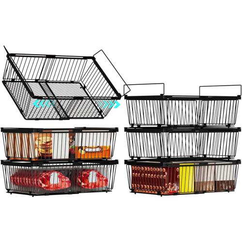 Large Freezer Organizer Bins，Upgraded Bottom Leak-Proof net，6 Pack， Expandable Stackable Chest Freezer Containers with Handle，for Fridge, Deep Freezer, Cabinet, Kitchen, Pantry (Black-6Pack)