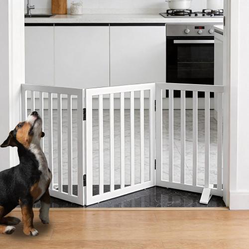 ZJSF Freestanding Indoor Dog Gate for House Foldable Wood White Puppy Gate for Doorways Pet Gate for Stairs Extra Wide Pet Fence 24 Height 3 Panels