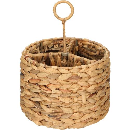 Glenmal Wicker Flatware Storage Basket Utensil Caddy Hand Woven Divided Cutlery Holder Kitchen Utensil Organizer Water Hyacinth Silverware Organizer with Handle for Countertop Party (Round)