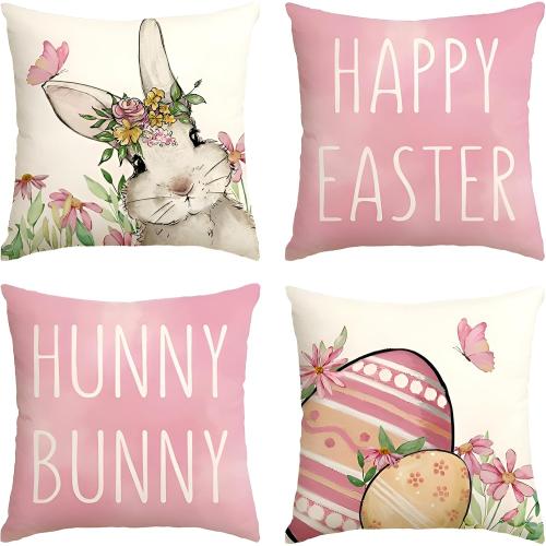 JOYFISCO Easter Pillow Covers 18 x 18 Happy Easter Hunny Bunny Pink Throw Pillow Covers Easter Eggs Bunny Spring Velvet Cushion Case for Sofa Couch Set of 4