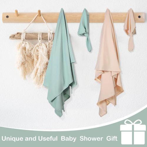 JaGely 2 Pcs Stretchy Baby Swaddle Blankets Set Extra Soft 47 x 47 Baby Newborn Swaddle Blanket and Hat(Green, Apricot)