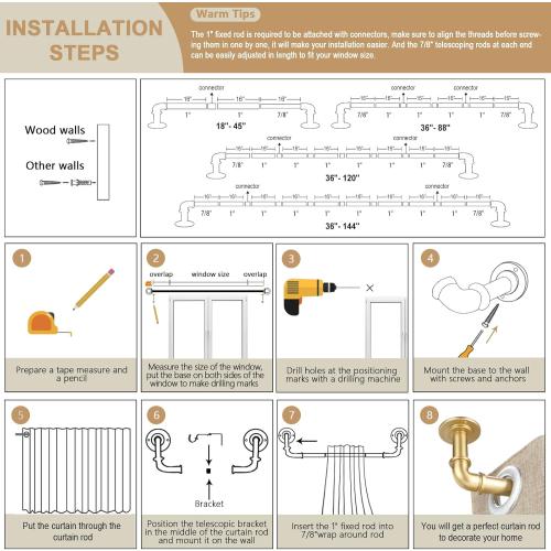 OLV Gold Industrial Curtain Rods for Windows 66 to 120 Inch(5.5 to 10 Feet), 1 Inch Diameter Blackout Wrap Around Adjustable Heavy Duty Window Drapery Rods, Indoor and Outdoor