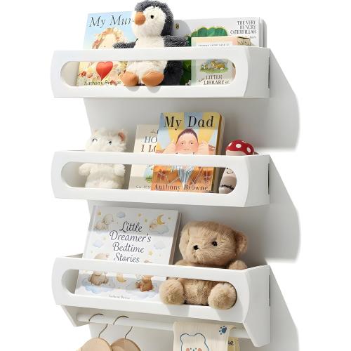 Floating Shelves for Wall, Premium Bamboo Wood, Fully Assembled - Nursery Book Shelves, Nursery Decor, Book Shelf for Kids Rooms, Wall Mounted Bookshelves, Set of 3 White