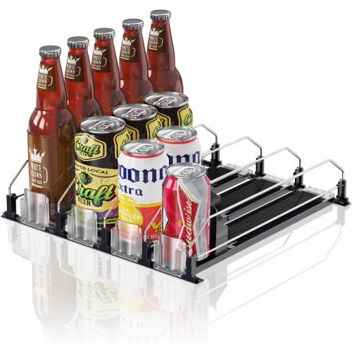 Drink Organizer for Fridge,12oz 16oz 20oz - Soda Can Dispenser for Refrigerator,Width Adjustable,Automatic Pusher Glide (Black, 15D 4ROW, Holds 20 Cans)