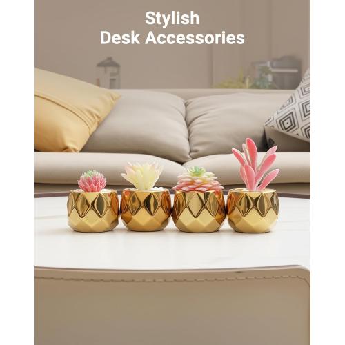 VIVERIE Mini Succulents Plants Artificial in Pots-Pink with Golden Ceramic, Christmas Small Fake Succulents Plants for Home Decor Indoor Christmas Decor for Women, Set of 4, Gifts for Mom