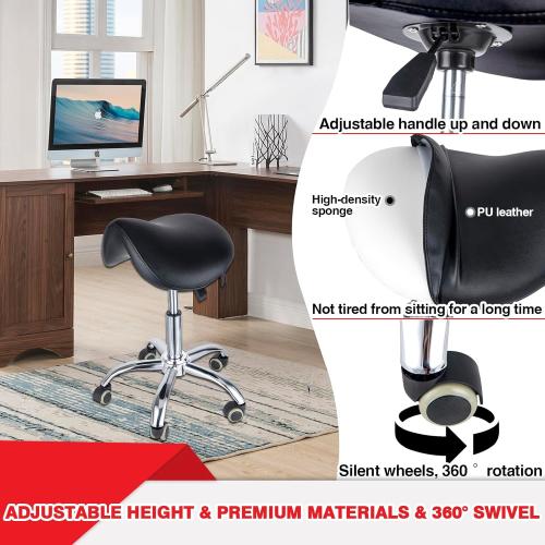 Saddle Stool - Saddle Chair, Adjustable Rolling Saddle Stool with 360° Swivel Wheels, Ergonomic Stool for Hair Stylist Dentist Salon Spa Massage Tattoo Home Office, 300 lbs Weight Capacity (Black)