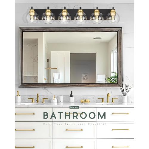 Bathroom Light Fixtures, 6-Light Black and Gold Bathroom Vanity Light, 38 Inch Modern Wall Sconces with Globe Clear Glass Shade, Vanity Lighting Fixtures Over Mirror, VL195-KG-6