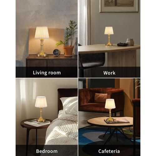 KDG Cordless Portables Table Lamp Set of 2, LED Fabric Shade Small Desk Lamps, 5000mAh Battery Powered Lighting, 2700K Stepless Dimmable Light for Living Room, Dining Room, Bedroom, Bedside (Gold)