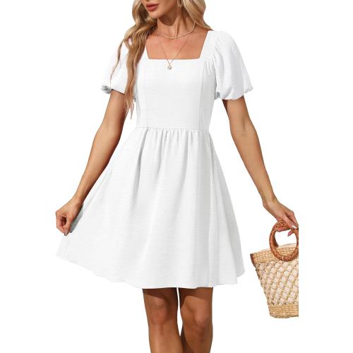 OFEEFAN Women Puff Sleeve Square Neck Tie in Back Dresses with Zipper. Off white/ size small