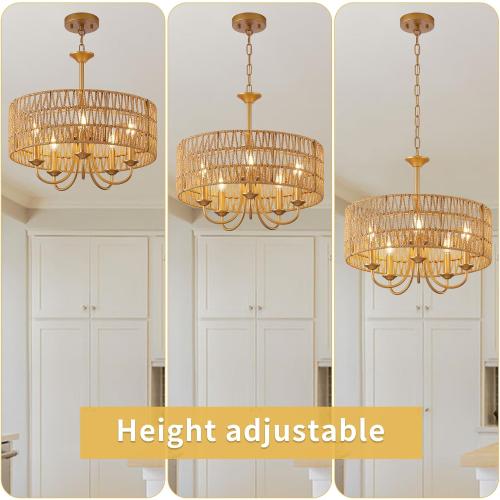 5-Light Boho Large Rattan Chandelier Light Fixture, Gold Rattan Chandeliers for Dining Room with Hand Woven Shade, Farmhouse Rustic Drum Hanging Pendant Light Fixture for Living Room, Hallway, Foyer