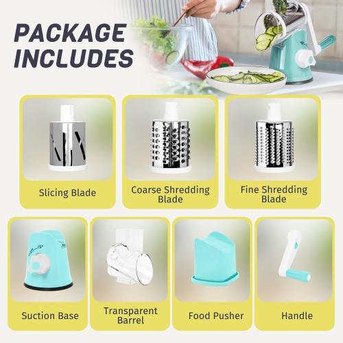 Blue X Home Rotary Cheese Grater for Kitchen, Shredder with 3 Interchangeable Blades, Rotary Grater with Handle and Strong Suction Base, for Vegetables, Fruit, Nuts, Easy to Use and Clean, Blue