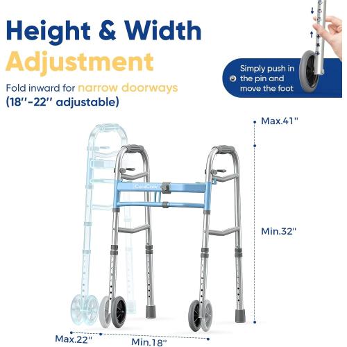 Narrow Walker for Seniors, 18 inches Wide - Adjustable Width, Lightweight Folding Walker, 350lbs Heavy Duty Bariatric Walker for Elderly, Standard Walker for Small Doorways