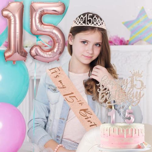15th Birthday Decorations for Girls, 15th Birthday Sash and Crown, Cake Topper, Number Candles and Balloons, 15 Year Old Gifts for Girls
