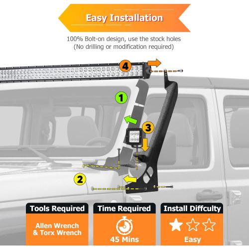 WeiSen 50 LED Straight Light Bar Brackets Windshield Roof A-Pillar Light Mounts Compatible with Jeep Wrangler JL/JLU Gladiator JT 2018-2023(Does not Fit Jeep Gladiator Mojave Model)
