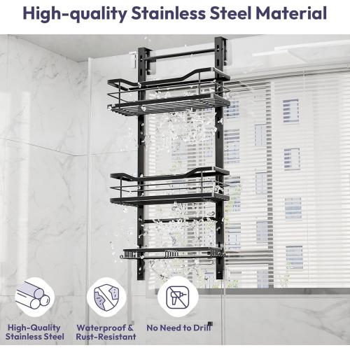 SWTYMIKI Over the Door Shower Caddy - 3 Tier Adjustable Shower Organizer Hanging with Soap Holder, No Drilling Stainless Steel Bathroom Rack Hanging for Body Wash, Shampoo, Soap, Razor, Black
