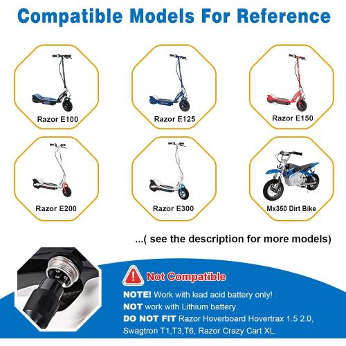 24V Charger for Electric Scooter Razor MX350 E100 E125 E150 E175 E200 E200S E300 E300S MX400 Dirt Rocket Dirt Bike Dirt Quad Motorcycle Pocket Mod Sports Mod 3-Prong 24V Razor Scooter Charger