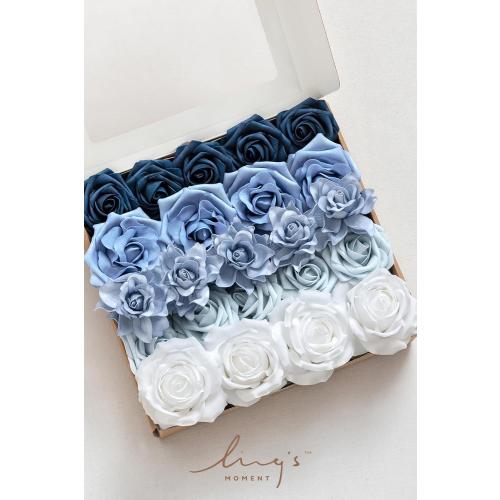 Ling's moment Artificial Flowers Fake Silk Roses Faux Foam Gardenia Combo for DIY Wedding Bouquets Centerpieces Arrangements Bridal Shower Party Home Decorations, Dusty Blue & Ivory, 23pcs