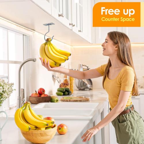 Self Adhesive Banana Hook Under Cabinet Foldable Banana Hanger Metal Under Counter Banana Hook to Keep Bananas Fresh Banana Holder for Kitchen RV Space Saving, Silver