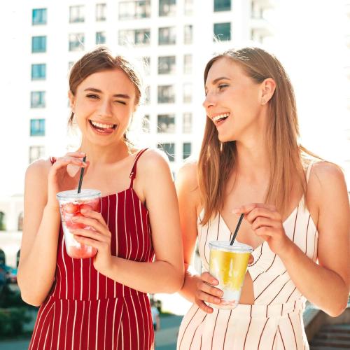 50PCS 16 oz Round Bottom Plastic Cups with Lids and Black Straws, Clear To Go Iced Coffee Smoothie Juice Cups, Disposable Cold Drink Bubble Tea Party Cups for Catering, Christmas, Birthdays, Takeout