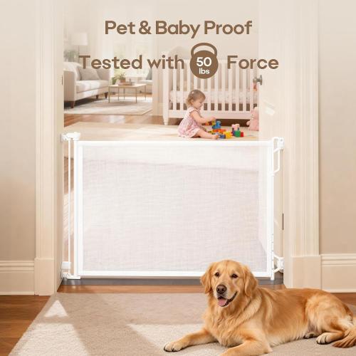 Retractable Safety Baby Gate or Mesh Dog Gate,Durable Portable Mesh Retractable Gate,Easy to Use for Stairs, Doorways, Hallways, Indoor, Outdoor, 33.5 Tall, Extends to 55 Wide,White
