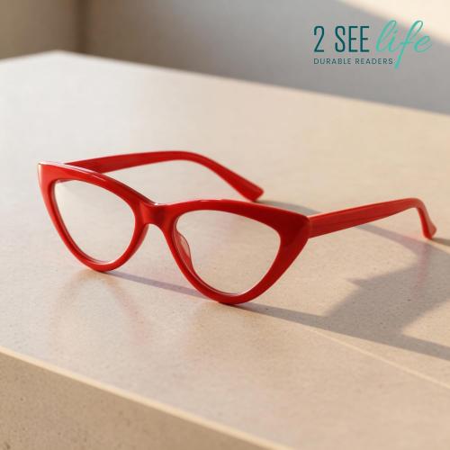 2SeeLife Premium Cat Eye TR-90 Reading Glasses for Women – Narrow–Medium Fit, Sturdy Frame, Spring Hinges, Stylish Readers, Red,  0.75