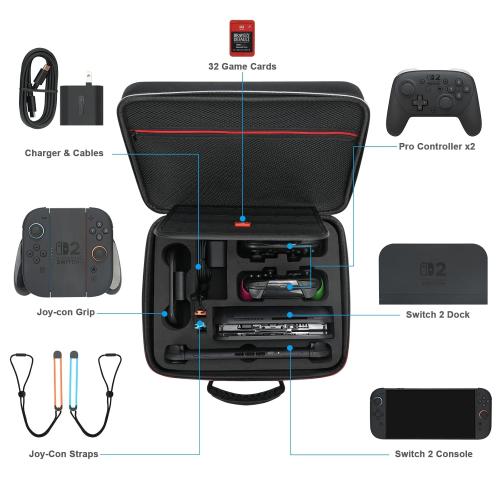 Diocall Carrying Case Compatible with Nintendo Switch 2 2025, Hard Travel Case Fits Switch 2,2 Pro Controllers, Joy Con Grip, Power Adapter and Cables.