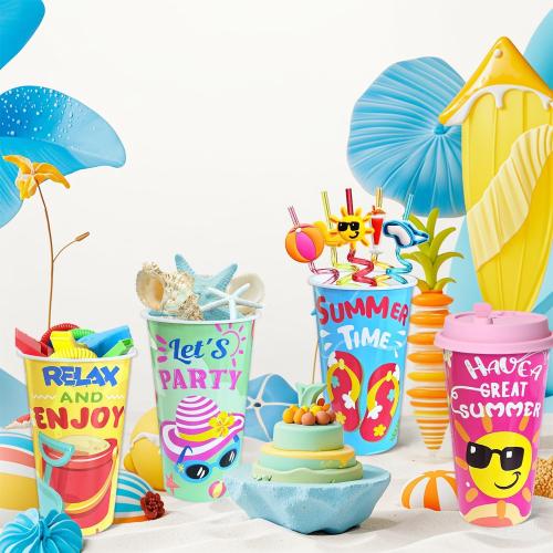 24 Pack Beach Party Favors Goodie Cups, 16OZ Pool Luau Theme Party Decorations Plastic Cups, Summer Birthday for Kids Supplies with Lids Plugs