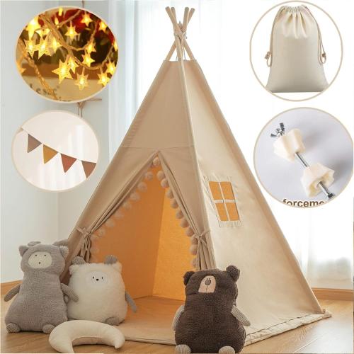Teepee for Kids Tent Indoor with Floor Mat,Carry Bag,Banner,Play Cottage with Star Light, Cotton Canvas Kids Teepee Tent for Girls & Boys, Pompom Ball Design, Foldable Teepee Tent