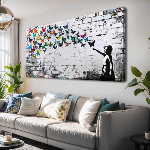 Colorful Graffiti Wall Art Funny Butterfly Paintings Banksy Street Art Mural Pop Art Home Office Wall Decor Framed Canvas Wall Decor for Living Room Ready to Hang - 40x20in