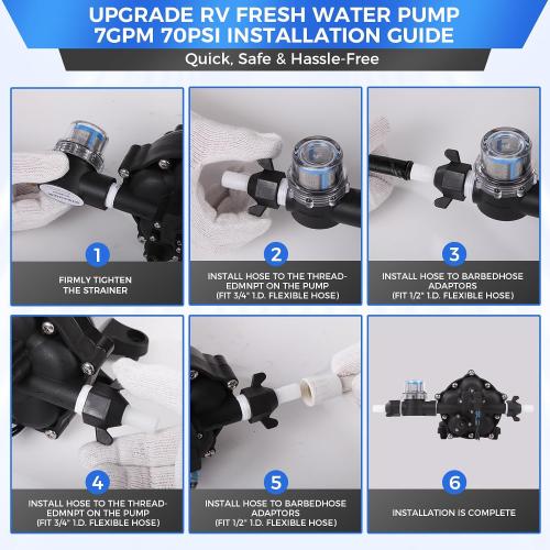[Upgraded Version] 12V DC RV Fresh Water Pump, 7GPM 70PSI, Five Chamber Self-Priming Diaphragm Pump with Heavy Duty Pressure Switch & Strainer (12V-7GPM-70PSI)