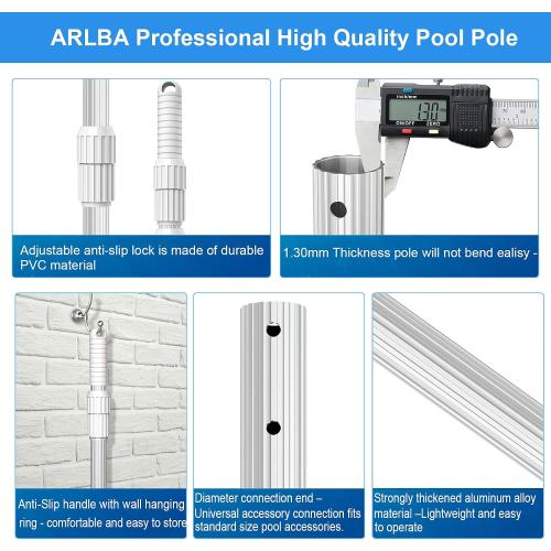 ARLBA Professional 16.5 Foot Swimming Pool Pole Telescopic，Heavy Duty Aluminum Extension Pole Thicken 1.30mm,Telescoping Pole Adjustable 6.5-16.5ft, Pool Cleaning Pole for Vacuum,Brush,Skimmer Net