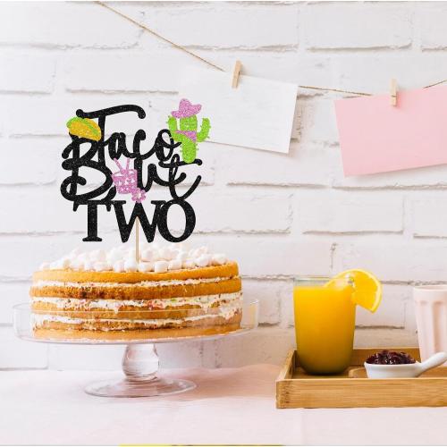 Taco Bout Two Cake Topper, Fiesta 2nd Birthday Cake Decor, Black Glitter Cactus 2 Years Old Cake Topper for Girl, Mexican Fiesta 2nd Birthday Party Decoration