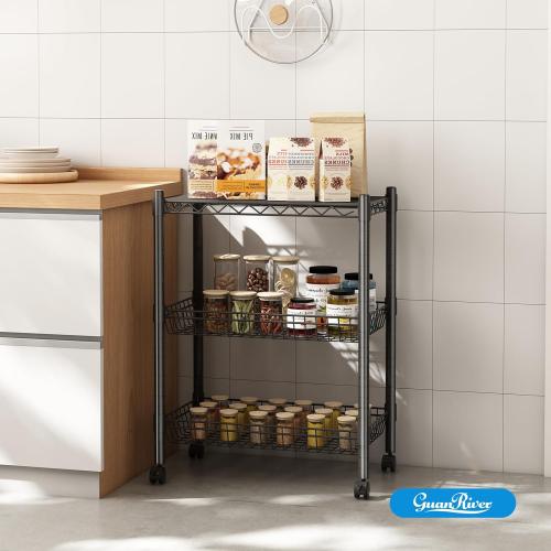 3 Tier Rolling Cart Service Cart Wire Basket Shelf Storage Trolley Shelf 2 Bottoms for Choose(Castor or Leveling Feet) for Office,Kitchen,Black(23.23 L x 13.11 W x 32.28 H)