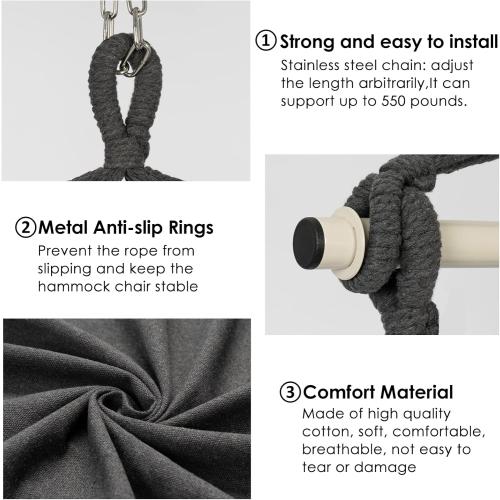 Y- STOP Hammock Chair Hanging Rope Swing, Max 500 Lbs, 2 Cushions Included, Large Macrame Hanging Chair with Pocket, Cotton Weave for Superior Comfort, Durability (Dark Grey)