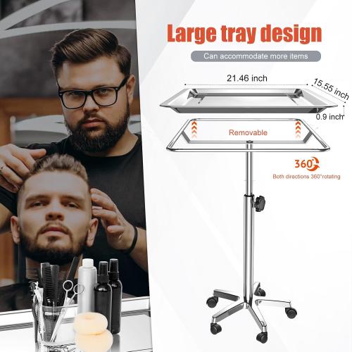 SILVER HEAVY DUTY ChoJiah Extra Large Mayo Stand Rolling Salon Tray Hairstylist Tray Heavy Duty Tattoo Tray, Ideal Use for for Hair Salon Dental Hairstylist Cart